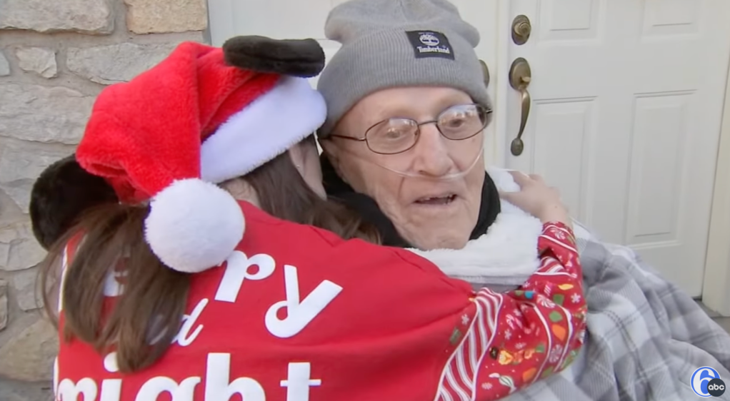 7 year old hugs her 100-year-old best friend on his birthday. 